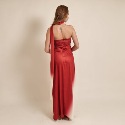 Red and White One Shoulder Silip Dress With Neck Strap